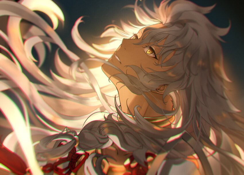 1boy, braid, dark-skinned_male, dark_skin, fate/grand_order, fate_(series), floating_hair, grey_hair