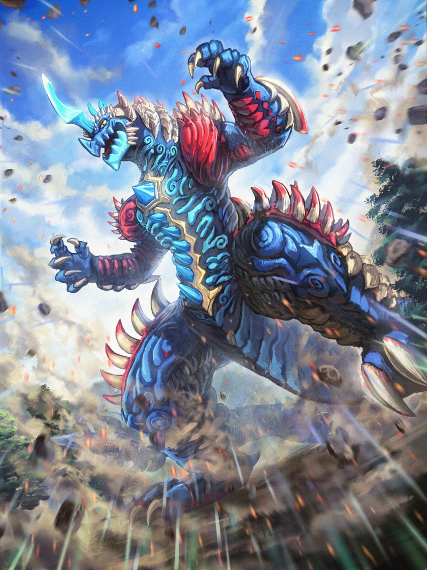 absurdres, blue_gem, blue_horns, blue_skin, blue_sky, blurry, chest_jewel, claws