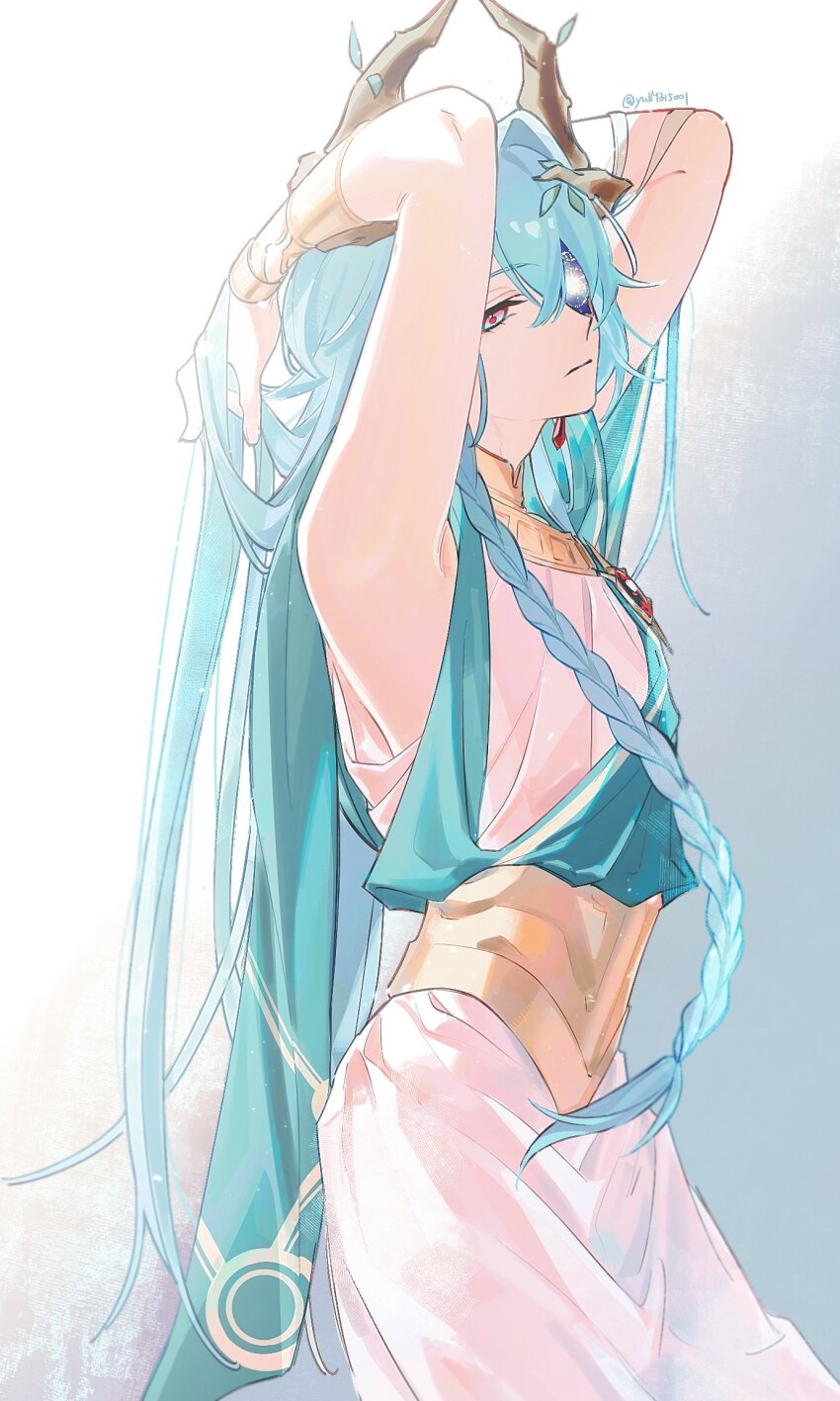 1boy, alternate_hairstyle, anaxa_(honkai:_star_rail), androgynous, aqua_background, blue_eyes, braid, brown_horns