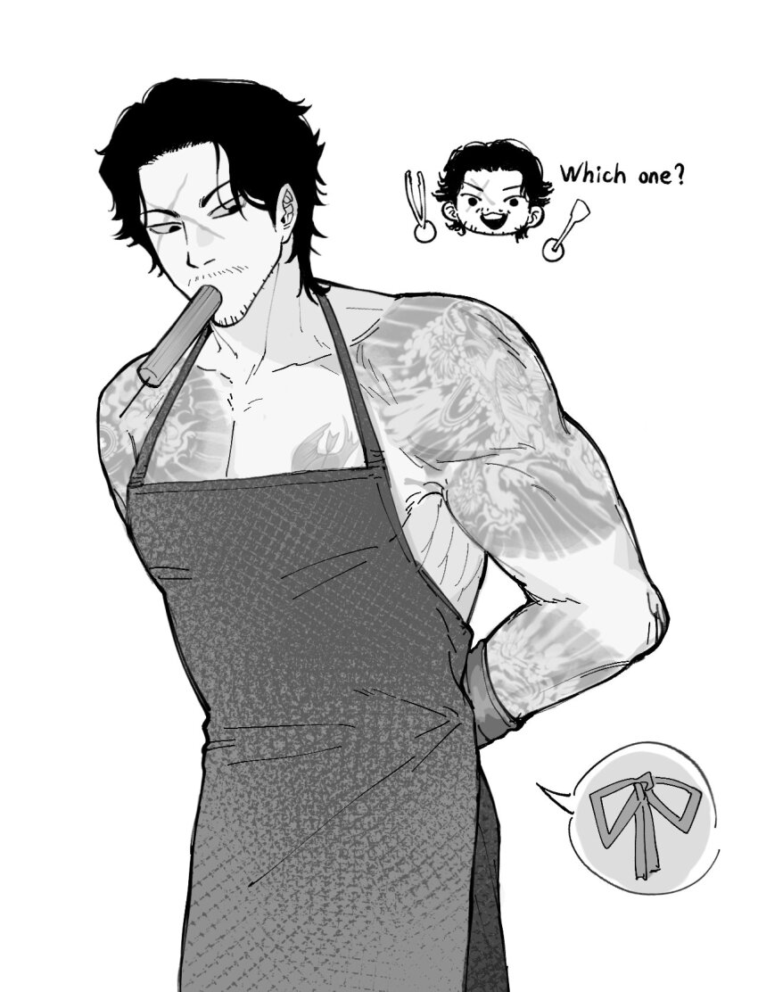 1boy, apron, beard_stubble, facial_hair, food, food_in_mouth, highres, holding