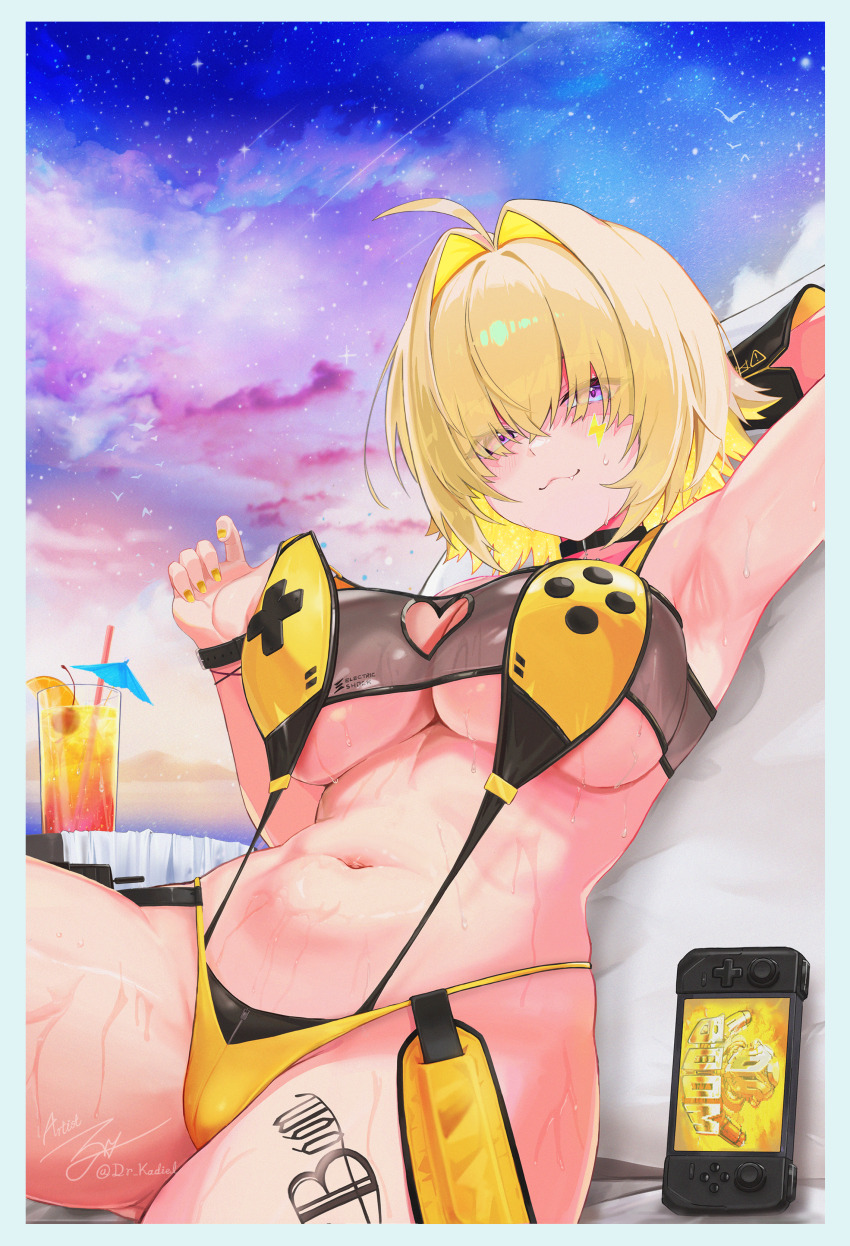 1girl, absurdres, ahoge, blonde_hair, breasts, commentary, cup, doom_(series)