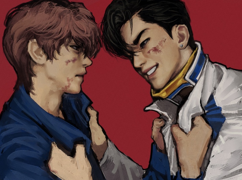 2boys, black_hair, blood, blood_on_face, brown_hair, collared_jacket, fighting, jacket