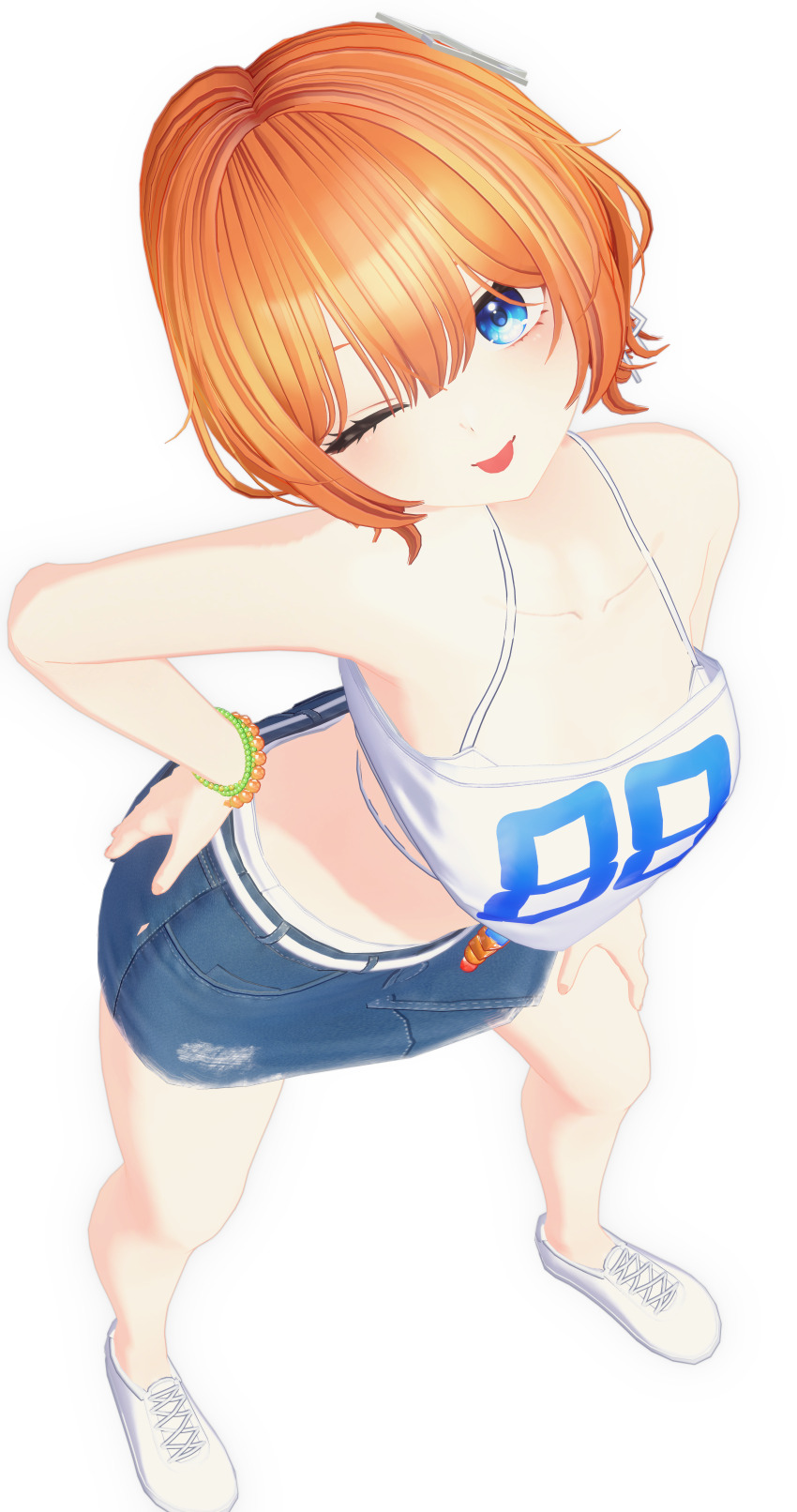 1girl, absurdres, bare_legs, bead_bracelet, beads, blue_eyes, blush, bracelet