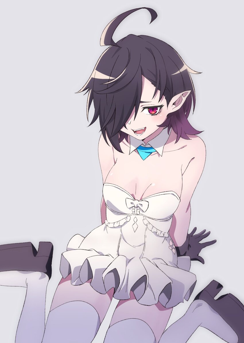 1girl, absurdres, ahoge, bare_shoulders, black_gloves, black_hair, blush, breasts