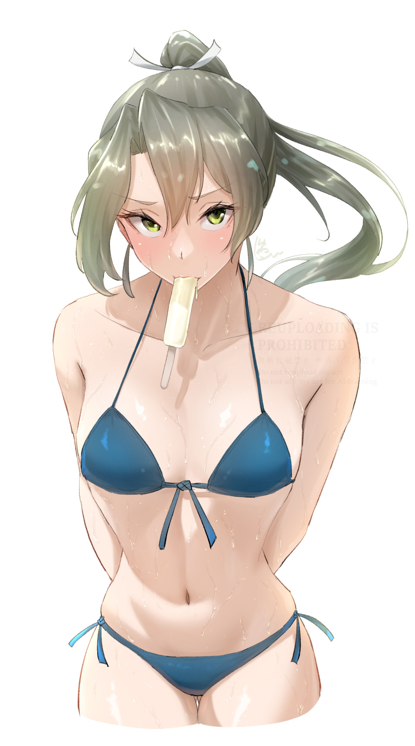 1girl, absurdres, arms_behind_back, bikini, blue_bikini, breasts, commentary_request, cropped_legs, food, food_in_mouth, front-tie_bikini_top, front-tie_top, gluteal_fold, green_eyes, green_hair, hair_ribbon, highres, kantai_collection, long_hair, looking_at_viewer, melting_popsicle, navel, official_alternate_hairstyle, ponytail, popsicle, popsicle_in_mouth, ribbon, shushan, side-tie_bikini_bottom, simple_background, small_breasts, solo, stomach, string_bikini, sweat, swimsuit, white_ribbon, zuikaku_(kancolle), zuikaku_(swimsuit)_(kancolle), zuikaku_kai_ni_(kancolle)
