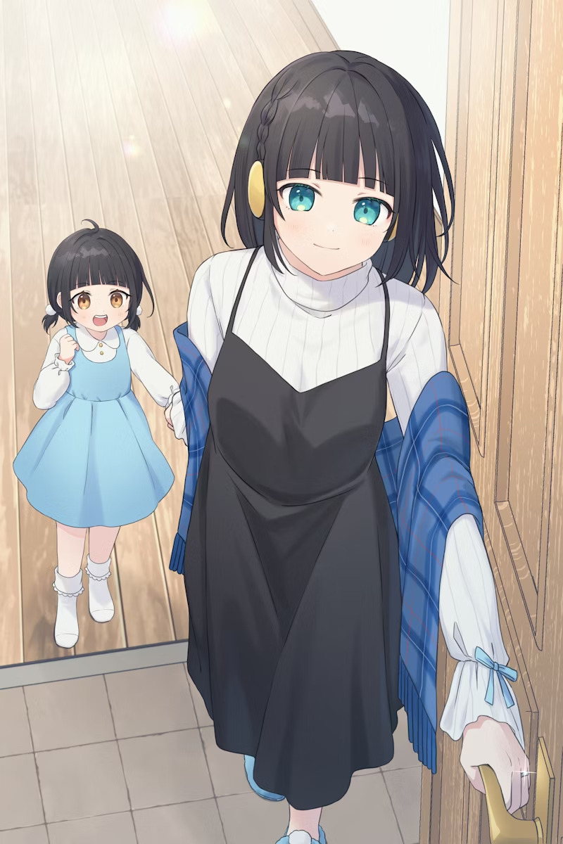 2girls, black_dress, black_hair, blue_dress, door, dress, green_eyes, highres