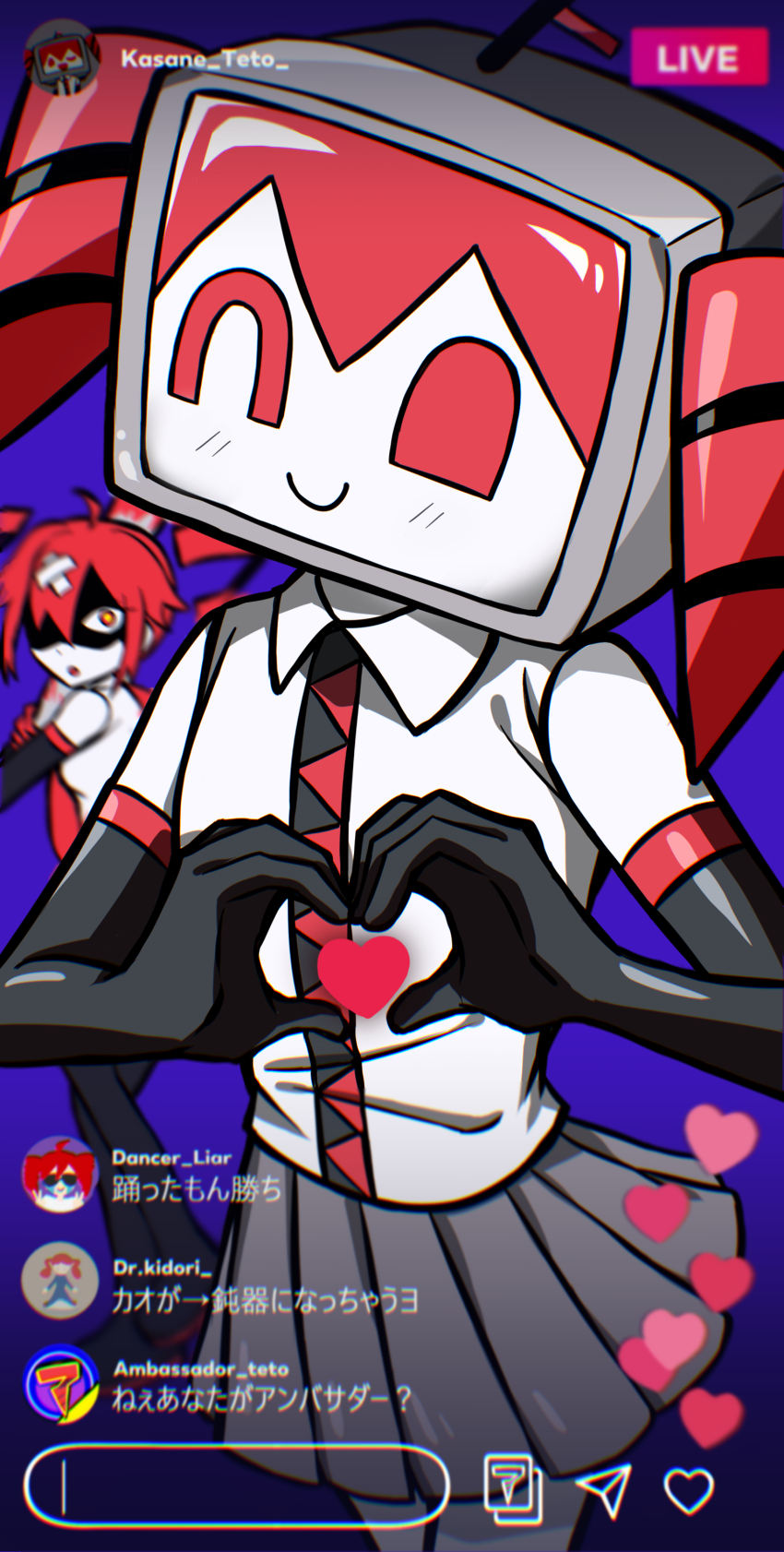 2girls, absurdres, ahoge, ambassador_(synthesizer_v), bandaid, bandaid_on_head, bare_shoulders, baseball_bat, black_gloves, blurry, blurry_background, character_name, chat_log, crossed_bandaids, naturally_detached_hair, drill_hair, elbow_gloves, gloves, grey_skirt, heart, heart_hands, highres, igaku_(utau), kasane_teto, liar_dancer_(synthesizer_v), livestream, multiple_girls, object_head, pleated_skirt, purple_background, red_hair, shaded_face, shirt, skirt, sleeveless, sleeveless_shirt, standing, sumi_ringo, synthesizer_v, television, tiktok, tiktok_live, translation_request, twin_drills, utau, white_shirt