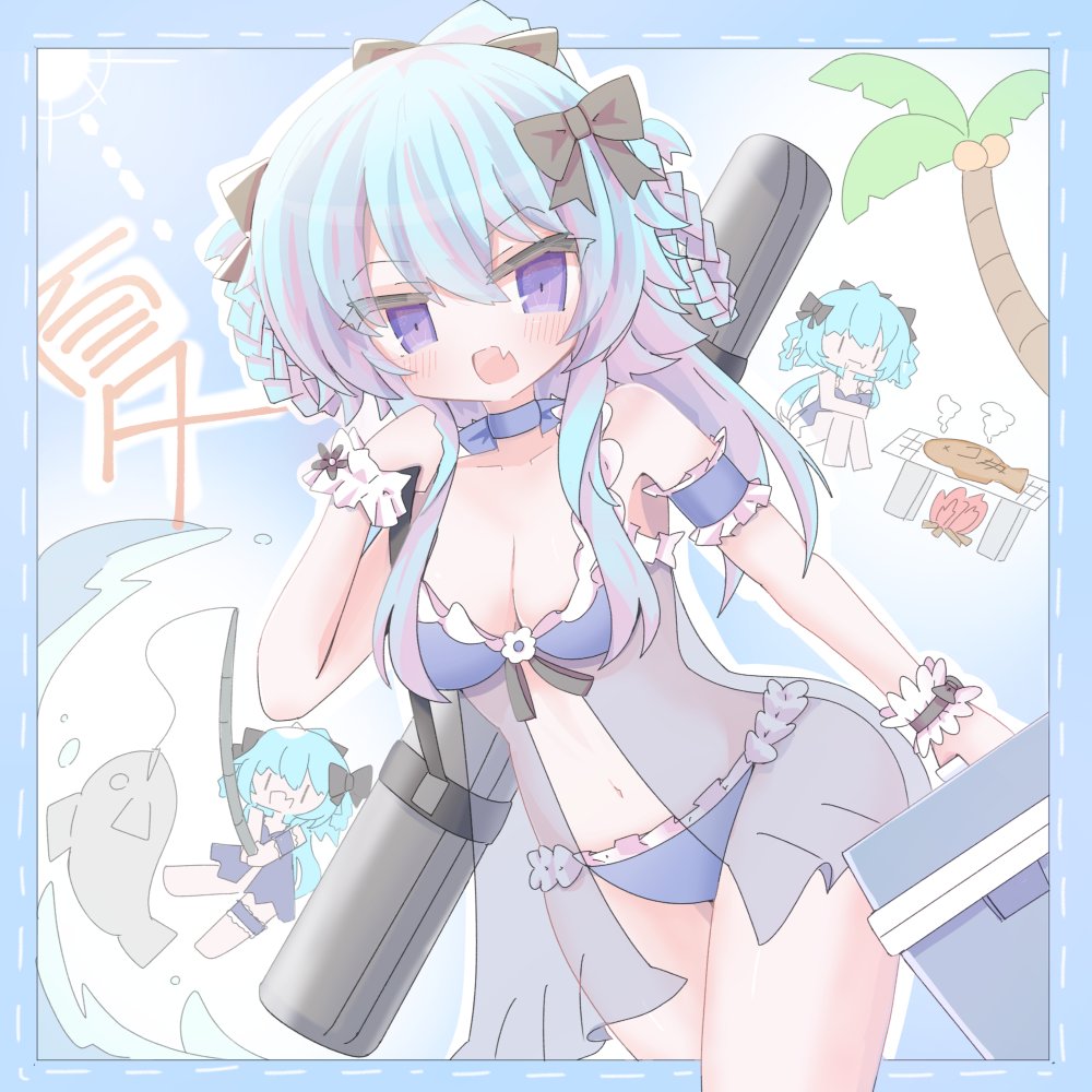 1girl, :d, alternate_hairstyle, animal, arm_garter, assault_lily, barefoot, bikini