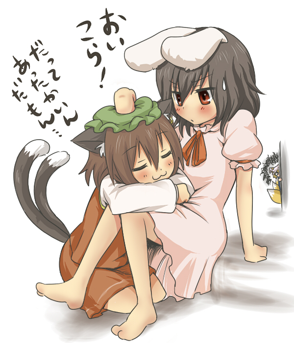 3girls, :3, animal_ears, animal_hat, barefoot, black_hair, blonde_hair, brown_hair