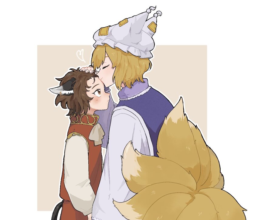 2girls, animal_ears, blonde_hair, blue_tabard, blush, brown_eyes, brown_hair, cat_ears, cat_girl, cat_tail, chen, closed_eyes, dress, fox_girl, fox_tail, from_side, hand_on_another's_head, hat, heart, highres, kiss, kissing_forehead, kitsune, kyuubi, long_sleeves, looking_at_another, medium_hair, motherly, multiple_girls, multiple_tails, missing_headwear, red_dress, short_hair, smile, tabard, tail, tktkhappymchyru, touhou, two_tails, white_dress, white_sleeves, yakumo_ran