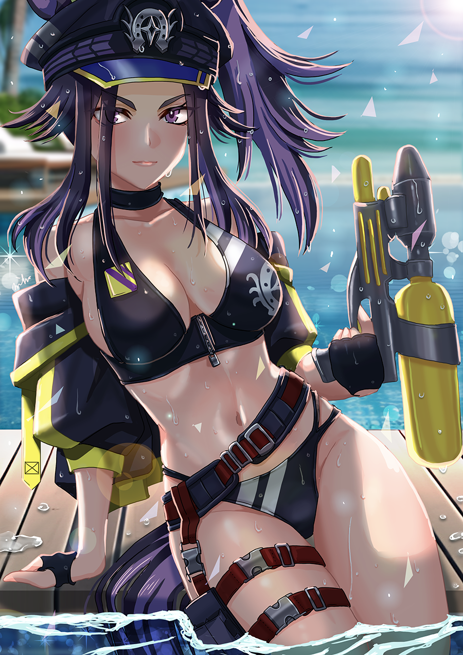 1girl, alternate_costume, animal_ears, beach, belt, bikini, black_belt, black_bikini, black_gloves, black_hat, breasts, cleavage, closed_mouth, commentary_request, cropped_jacket, ears_through_headwear, fenomeno_(umamusume), fingerless_gloves, gloves, hat, highres, horse_ears, horse_girl, horse_tail, jacket, jacket_partially_removed, large_breasts, looking_at_viewer, navel, open_clothes, open_jacket, otono_(bkt4b), peaked_cap, ponytail, purple_eyes, purple_hair, sidelocks, sitting, solo, stomach, swimsuit, tail, thigh_strap, umamusume