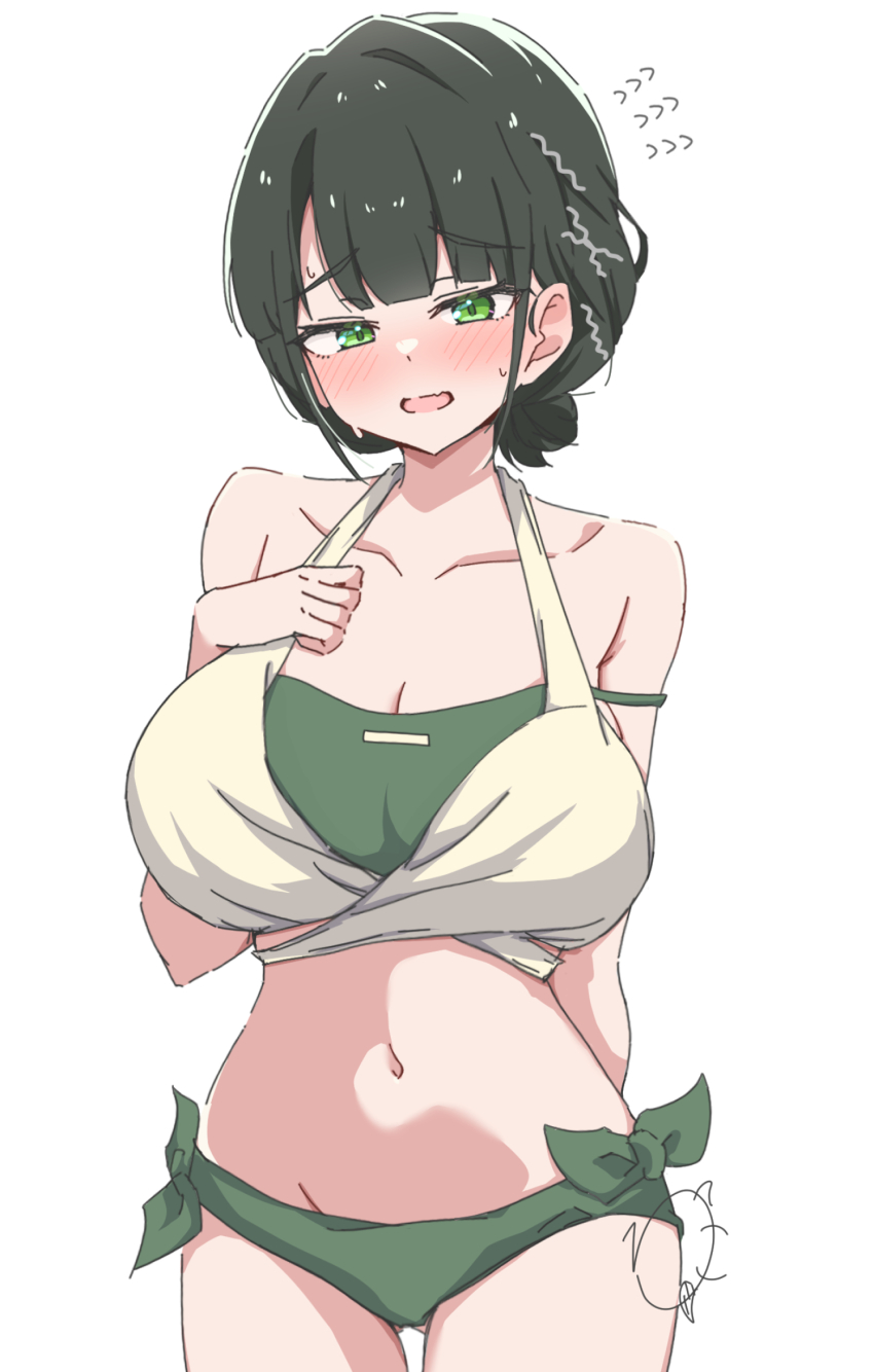 1girl, :d, bare_shoulders, bikini, black_hair, blunt_bangs, breasts, cleavage, collarbone, comiket_106, commentary_request, embarrassed, flying_sweatdrops, green_bikini, green_eyes, hair_bun, highres, large_breasts, layered_bikini, link!_like!_love_live!, love_live!, momose_ginko, momose_ginko_(c106_swimsuit), navel, nervous_smile, official_alternate_costume, open_mouth, raised_inner_eyebrows, rokoroko_65, short_hair, signature, simple_background, single_hair_bun, smile, solo, stomach, swimsuit, virtual_youtuber, white_background, white_bikini