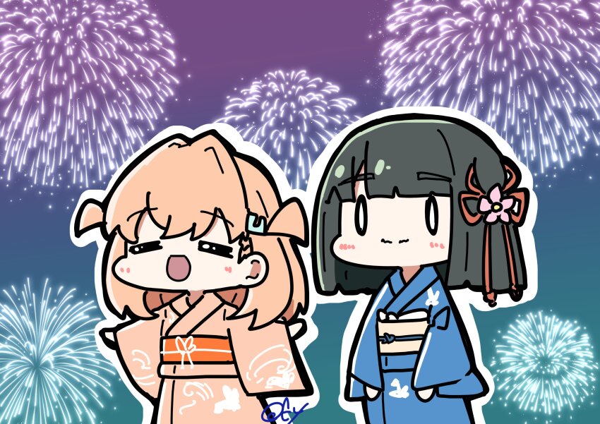 0_0, 2girls, :d, =_=, absurdres, aerial_fireworks, animal_print, black_hair