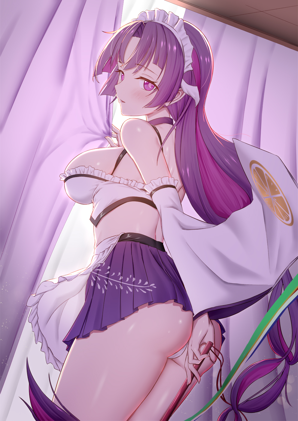 1girl, adapted_costume, alternate_costume, apron, ass, bare_shoulders, breasts, crop_top, curtains, duel_monster, enmaided, highres, large_breasts, long_hair, maid, maid_headdress, mailixiang, midriff, miniskirt, purple_eyes, purple_hair, sanaki_the_mikanko_devotee, skirt, solo, waist_apron, wide_sleeves, yu-gi-oh!
