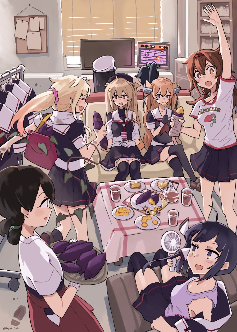 alternate_hairstyle, black_serafuku, black_thighhighs, cosplay, couch, food, fujinami_(kancolle), fujinami_(sweet_potato)_(kancolle)