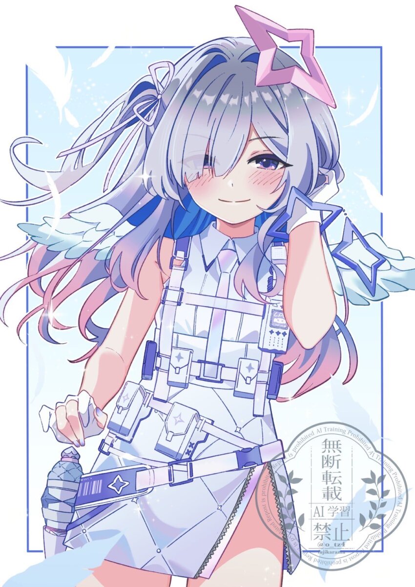 1girl, amane_kanata, angel_wings, blue_eyes, blue_hair, blush, border, closed_mouth