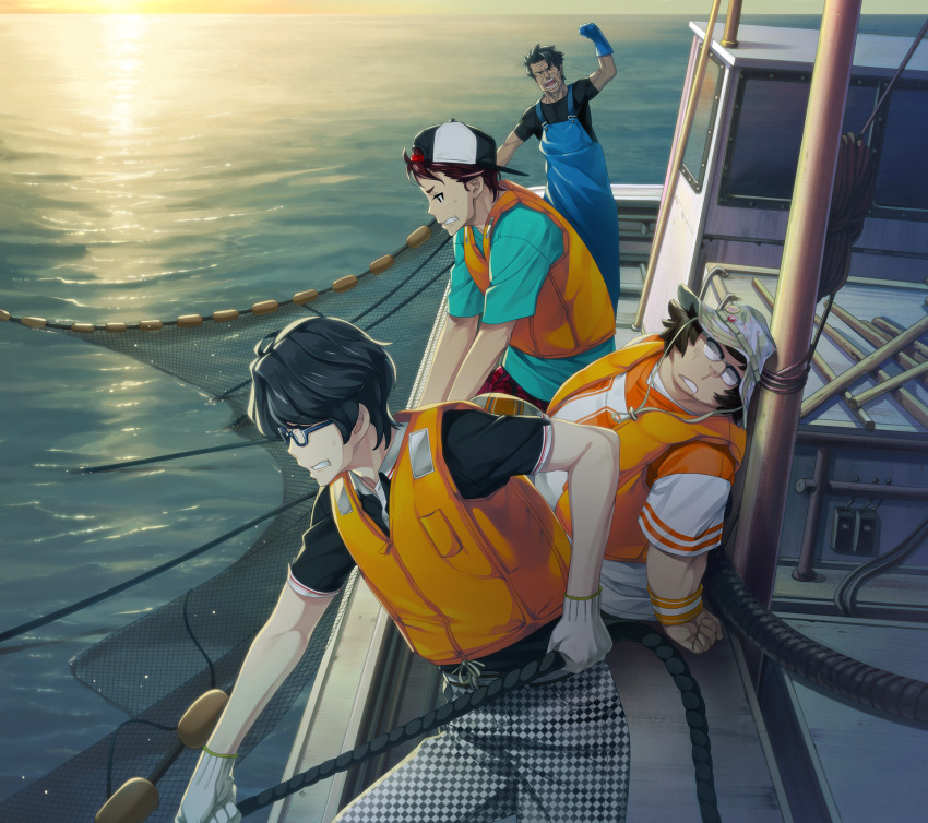 4boys, aqua_shirt, baseball_cap, black_hair, black_shirt, blue_overalls, boat, casual