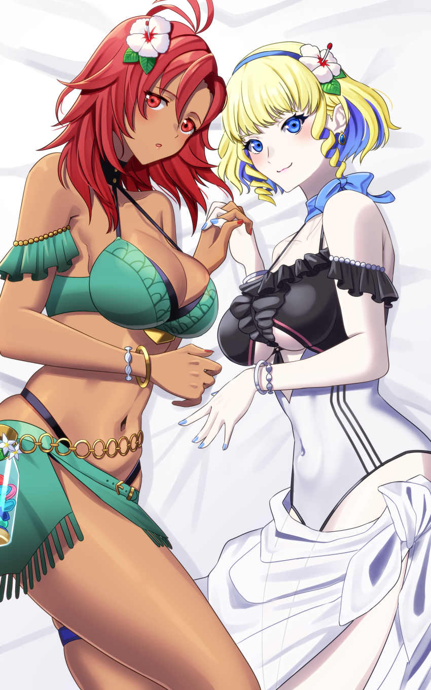 2girls, absurdres, bikini, blonde_hair, blush, bracelet, breasts, cleavage