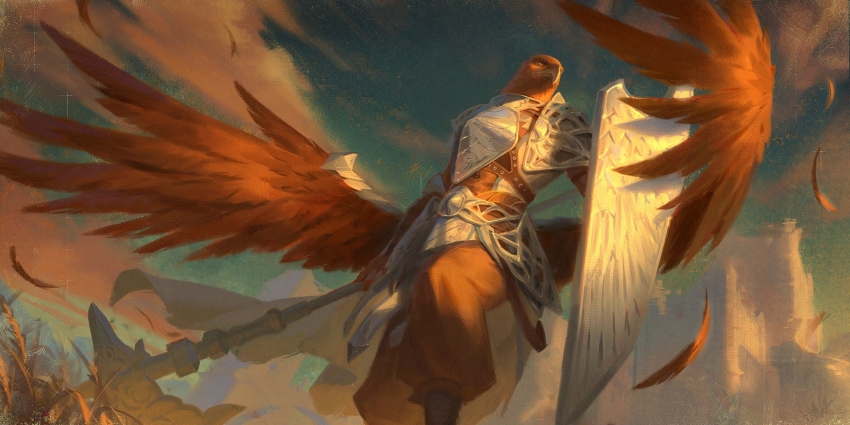 1boy, animal_head, armor, beak, bird_boy, bird_wings, blue_sky, breastplate