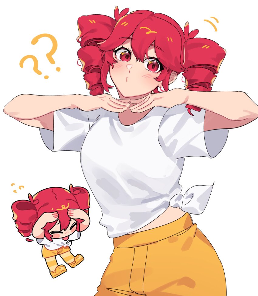 1girl, ?, ??, absurdres, birdbrain_(synthesizer_v), blush, chibi, chibi_inset, closed_eyes, commentary, cowboy_shot, crocs, drill_hair, english_commentary, grimruu, hair_between_eyes, hands_up, highres, horizontal-striped_thighhighs, kasane_teto, looking_at_viewer, midriff_peek, pose_request, red_eyes, red_hair, shirt, short_sleeves, shorts, tied_shirt, tongue, tongue_out, twin_drills, utau, white_background, white_shirt, yellow_shorts