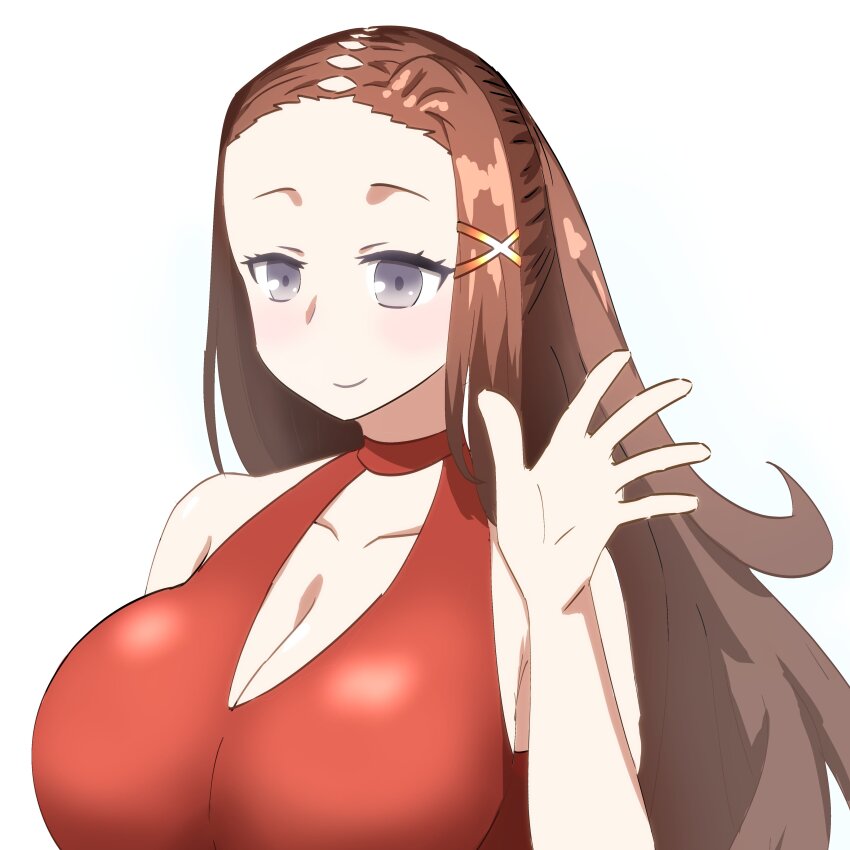 1girl, absurdres, artist_request, bad_id, bad_twitter_id, breasts, brown_hair, cleavage