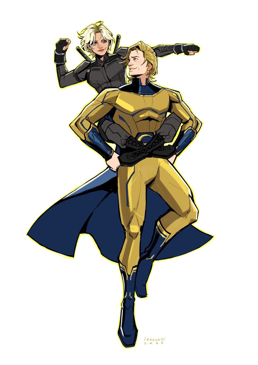 1boy, 1girl, animification, black_bodysuit, black_gloves, blonde_hair, bodysuit, cape, closed_mouth, earrings, fingerless_gloves, gloves, highres, isacchili, jewelry, long_sleeves, marvel, sentry_(marvel), short_hair, simple_background, smile, superhero_costume, thunderbolts_(movie), white_background, yelena_belova