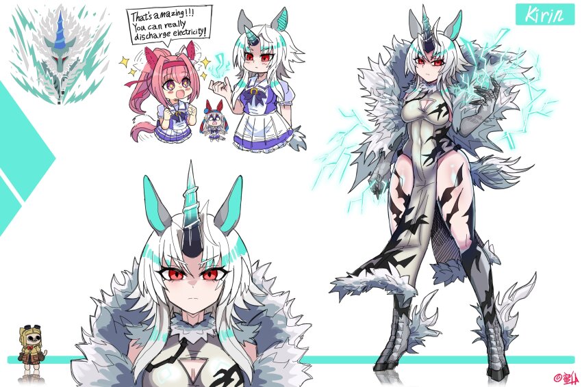 +_+, 3girls, :o, absurdres, animal_ears, artist_name, bow, bowtie, breasts, cleavage, cleavage_cutout, clothing_cutout, commentary, covered_navel, dress, ear_wiggle, electricity, english_text, felyne, fur-trimmed_dress, fur_trim, grey_dress, haru_urara_(umamusume), headband, highres, hooves, horns, horse_ears, horse_girl, horse_tail, kirin_(monster_hunter), koshou_shou_mitsu, light_blush, monster_hunter_(series), multiple_girls, multiple_views, open_mouth, pelvic_curtain, personification, pink_eyes, pink_hair, player_palico, ponytail, purple_bow, purple_bowtie, purple_shirt, red_eyes, school_uniform, serafuku, shaded_face, shirt, short_sleeves, sidelocks, single_horn, skirt, summer_uniform, surprised, tail, tail_wagging, tamamo_cross_(umamusume), tracen_school_uniform, umamusume, unicorn_horn, white_hair, white_skirt