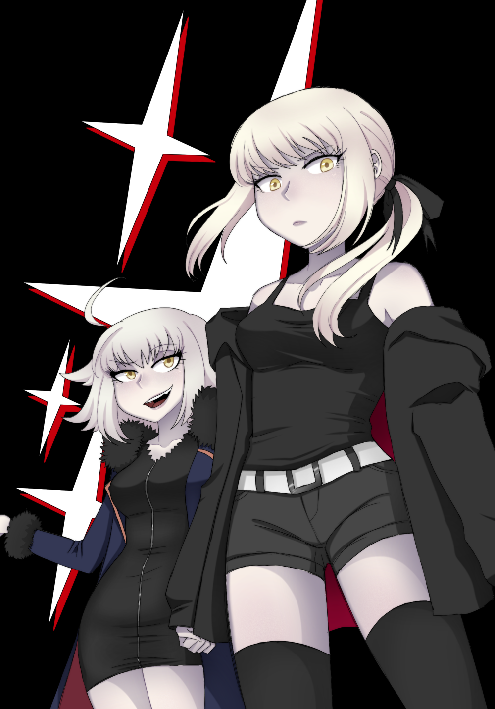 2girls, ahoge, artoria_pendragon_(fate), bare_shoulders, belt, black_background, black_jacket, black_shirt