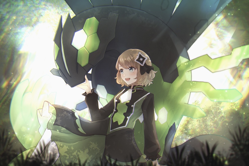 1girl, absurdres, ascot, black_dress, dappled_sunlight, dress, gen_6_pokemon, grey_eyes