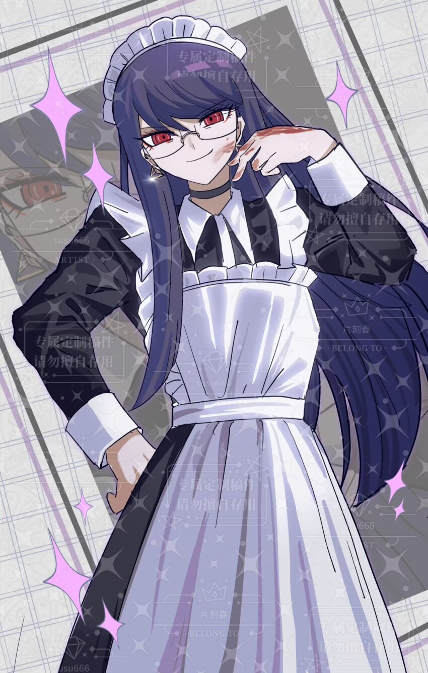 1girl, alternate_costume, apron, black_choker, black_dress, black_hair, blood, blood_on_face, blood_on_hands, choker, cowboy_shot, dress, earrings, enmaided, frills, glasses, hand_on_own_hip, highres, jewelry, long_hair, looking_at_viewer, maid, maid_apron, maid_headdress, red_eyes, shizuhara_hiruko, smirk, solo, sparkle, susushu666, the_hundred_line_-last_defense_academy-, too_many_watermarks, watermark, white_apron, zoom_layer