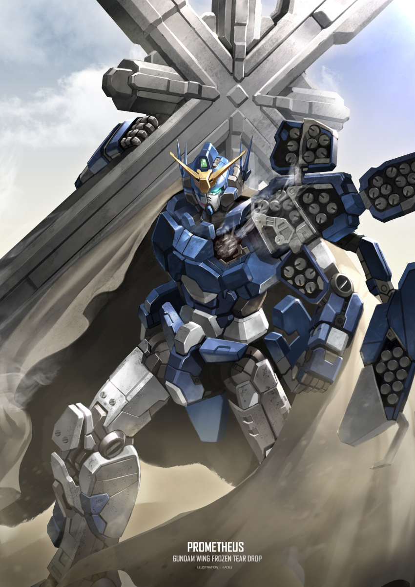 absurdres, artist_name, blue_eyes, brown_cloak, cloak, clown_mask, copyright_name, desert, dust, glowing, gun, gundam, gundam_prometheus, gundam_wing, gundam_wing:_frozen_teardrop, highres, holding, holding_gun, holding_weapon, kadej, mask, mecha, missile_pod, no_humans, robot, science_fiction, smoke, solo, v-fin, weapon