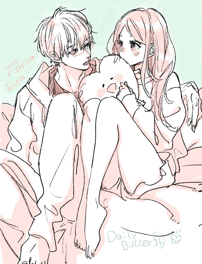 1boy, 1girl, arm_around_another's_back, artist_name, bare_legs, barefoot, blush, closed_mouth