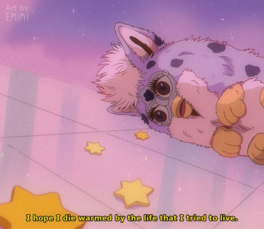 1990s_(style), animal, animal_focus, artist_name, beak, blue_fur, brown_eyes, creature