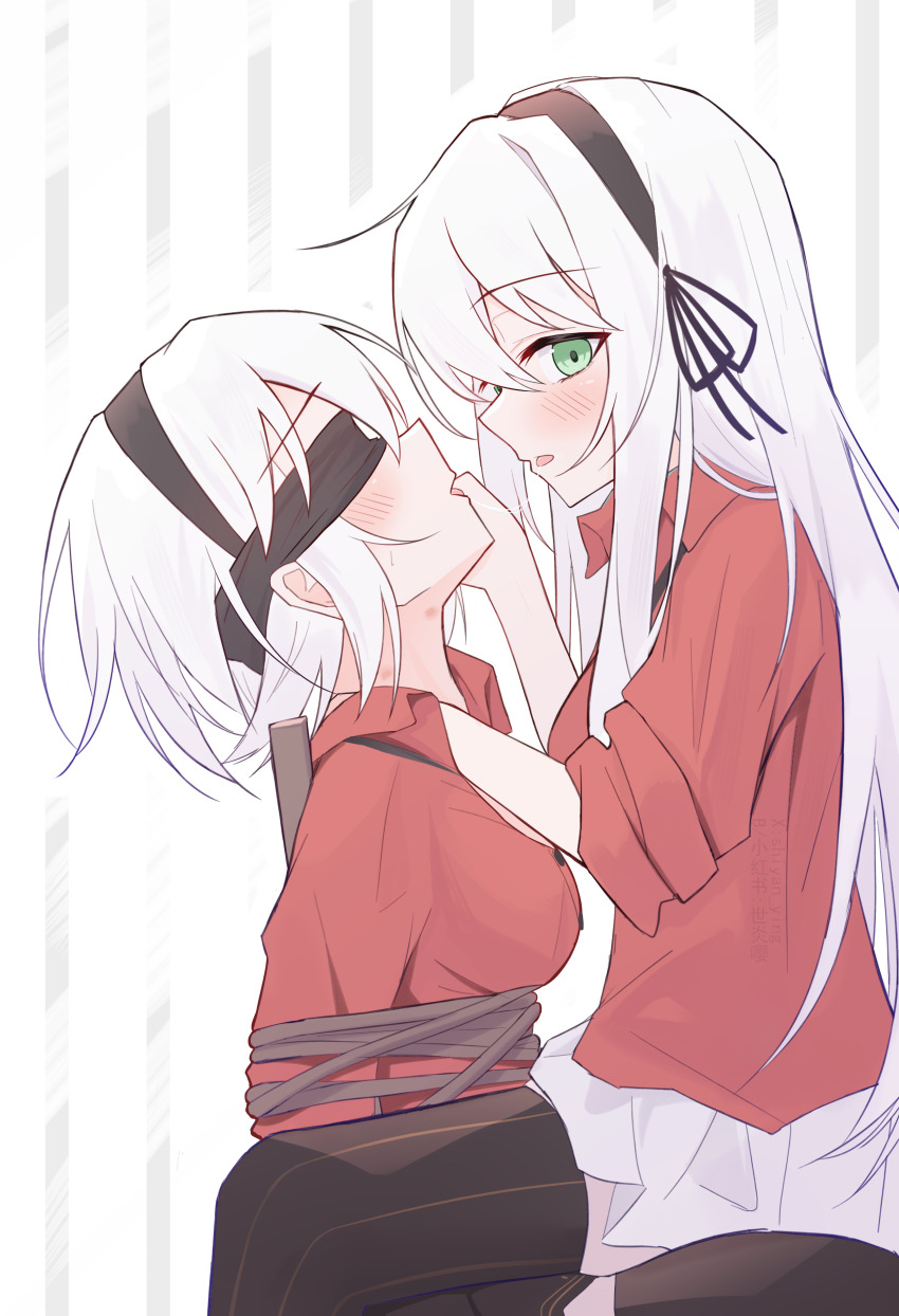 2girls, absurdres, after_kiss, amnesia_(majo_no_tabitabi), avilia_(majo_no_tabitabi), black_hairband, black_thighhighs, blindfold