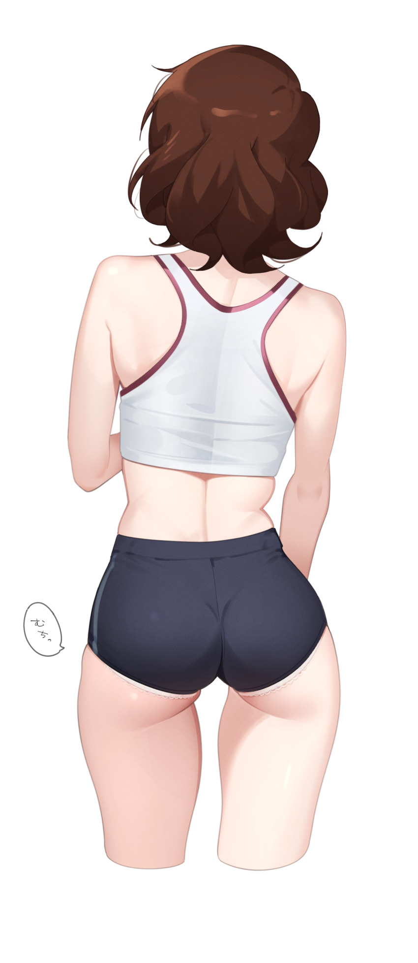 1girl, absurdres, ass, ass_focus, bare_shoulders, blue_buruma, brown_hair, buruma, commentary, crop_top, cropped_legs, facing_away, from_behind, gym_uniform, hibike!_euphonium, highres, lie_lack1080, midriff, oumae_kumiko, panties, panties_under_buruma, panty_peek, shirt, short_hair, simple_background, sleeveless, sleeveless_shirt, solo, speech_bubble, translation_request, underwear, white_background, white_shirt