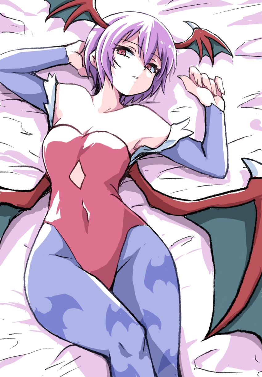 1girl, animal_print, bat_print, bat_wings, capcom, covered_navel, darkstalkers, demon_girl