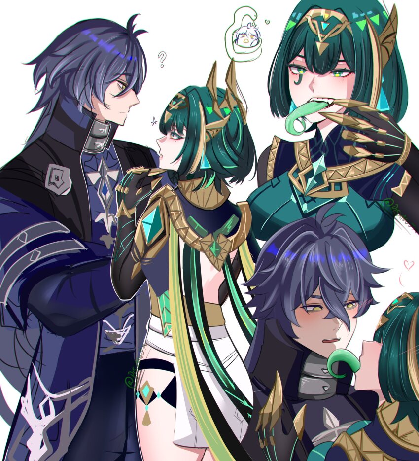 1boy, 1girl, ancient_egyptian_clothes, armored_gloves, black_gloves, breasts, closed_mouth, colored_tongue, elbow_gloves, fangs, flins_(genshin_impact), genshin_impact, gloves, green_eyes, green_hair, green_tongue, hair_ornament, hand_to_own_mouth, highres, jacket, large_breasts, long_tongue, ma, male_focus, miniskirt, nefer_(genshin_impact), open_mouth, purple_hair, purple_jacket, risxnujx, sharp_teeth, short_hair, skirt, snake, standing, teeth, thighs, tongue, upper_teeth_only, white_background, white_skirt
