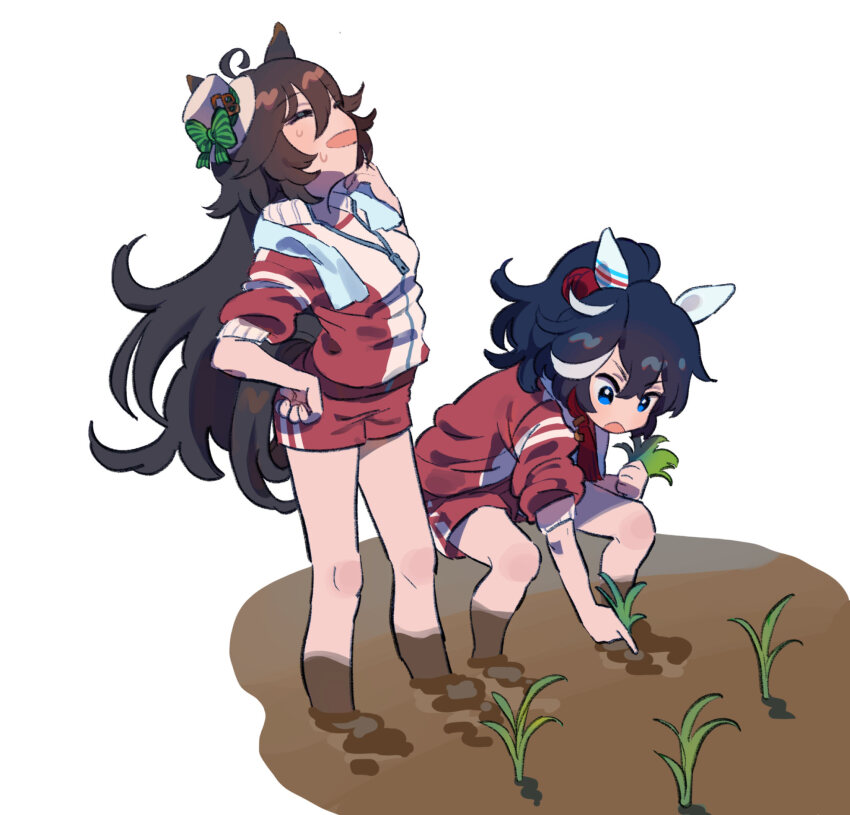 2girls, ahoge, animal_ears, black_hair, blue_eyes, brown_hair, closed_eyes, ear_covers