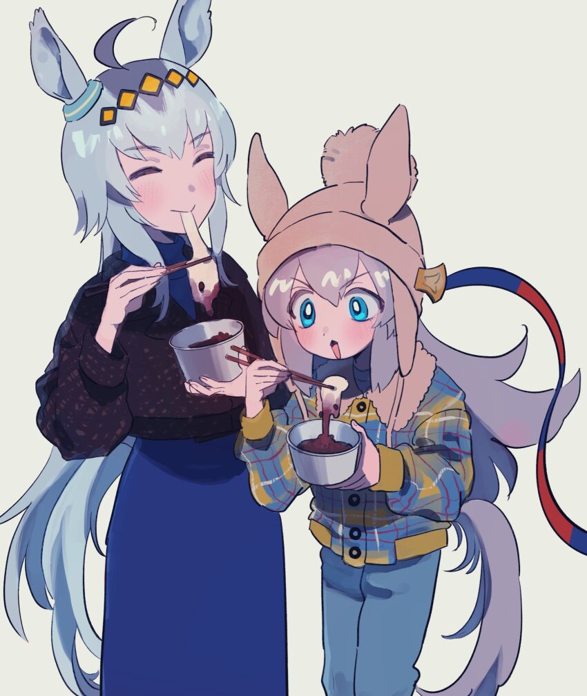 2girls, alternate_costume, animal_ear_headwear, animal_ears, beanie, black_jacket, blue_dress, blue_eyes