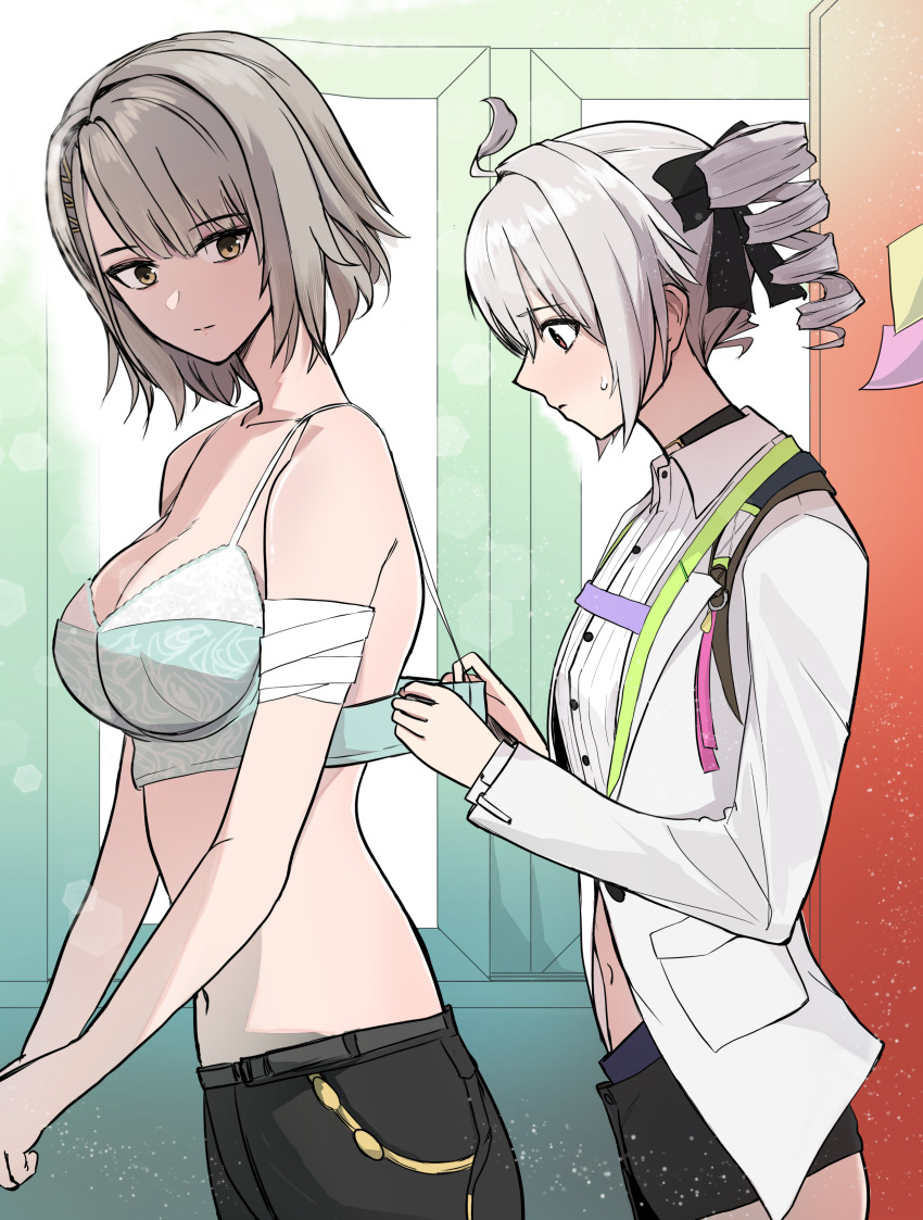 2girls, absurdres, ahoge, aqua_bra, bandaged_arm, bandages, black_pants, black_shorts