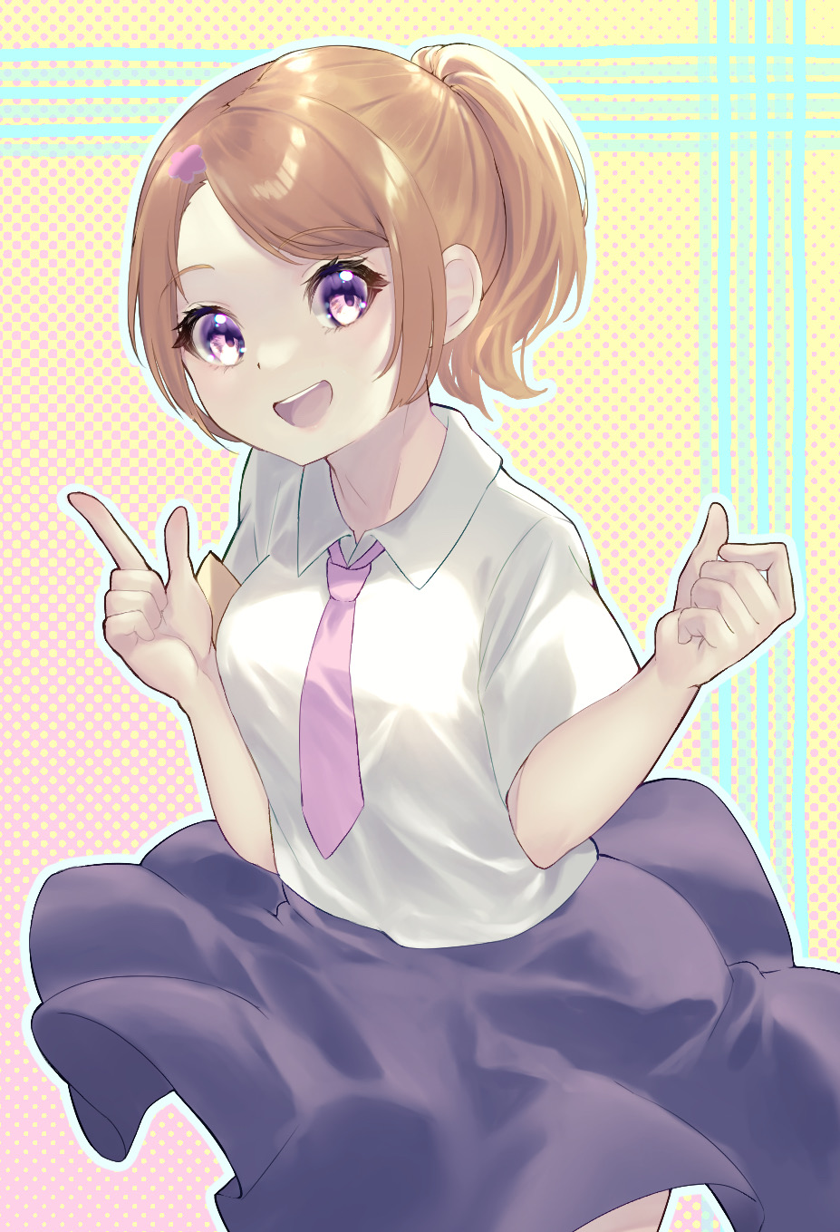 1girl, :d, blue_skirt, bow, bowtie, breasts, circle, clenched_hand