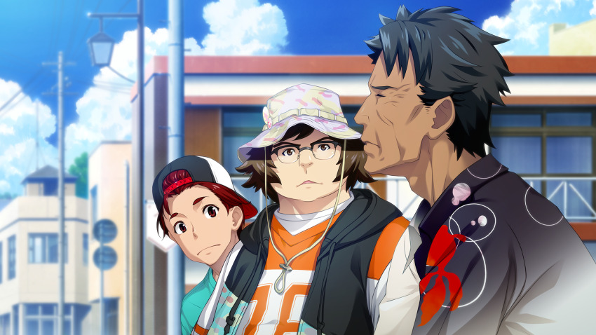 3boys, adam's_apple, aqua_shirt, baseball_cap, black_hair, blurry, blurry_background, casual