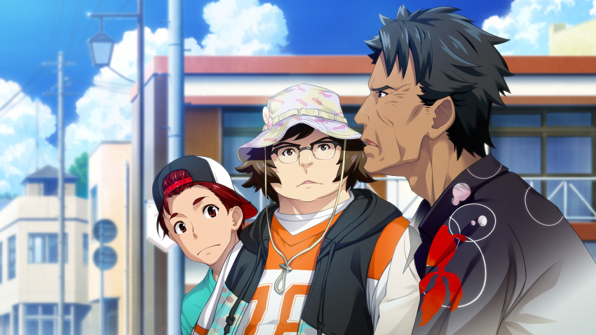 3boys, adam's_apple, aqua_shirt, baseball_cap, black_hair, blurry, blurry_background, casual