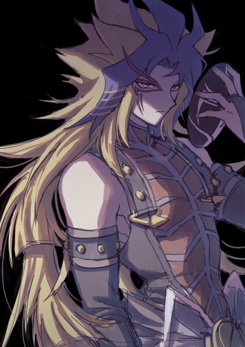 1boy, arm_at_side, arm_warmers, armband, bare_shoulders, black_arm_warmers, black_armband, black_background, black_pants, black_shirt, blonde_hair, colored_bangs, eyes_in_shadow, face_in_shadow, facial_mark, facing_to_the_side, grey_eyes, hand_up, highres, holding, holding_mask, long_hair, looking_to_the_side, male_focus, mask, nikumankudasaii, pants, paradox_(yu-gi-oh!), red_shirt, red_trim, shade, shirt, sleeveless, sleeveless_shirt, two-tone_mask, unworn_mask, yu-gi-oh!, yu-gi-oh!_3d_bonds_beyond_time