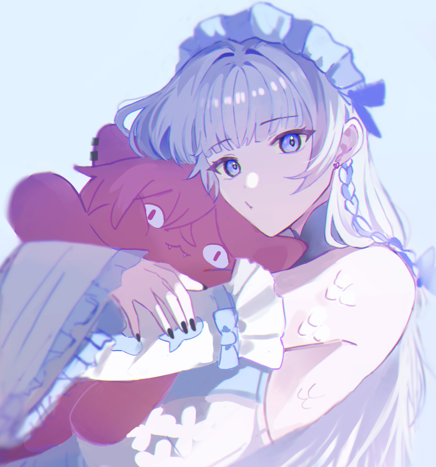 1girl, absurdres, black_nails, braid, commentary, detached_sleeves, dress, earrings