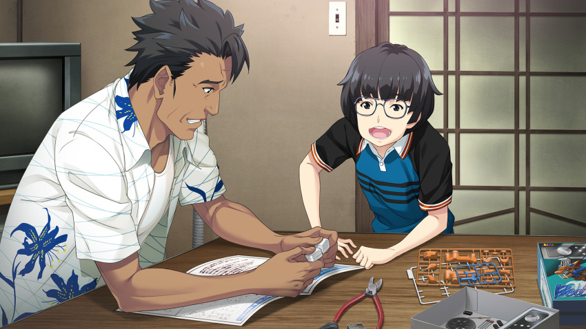 2boys, aged_down, black_hair, blue-framed_eyewear, blue_jacket, child, dark-skinned_male, dark_skin