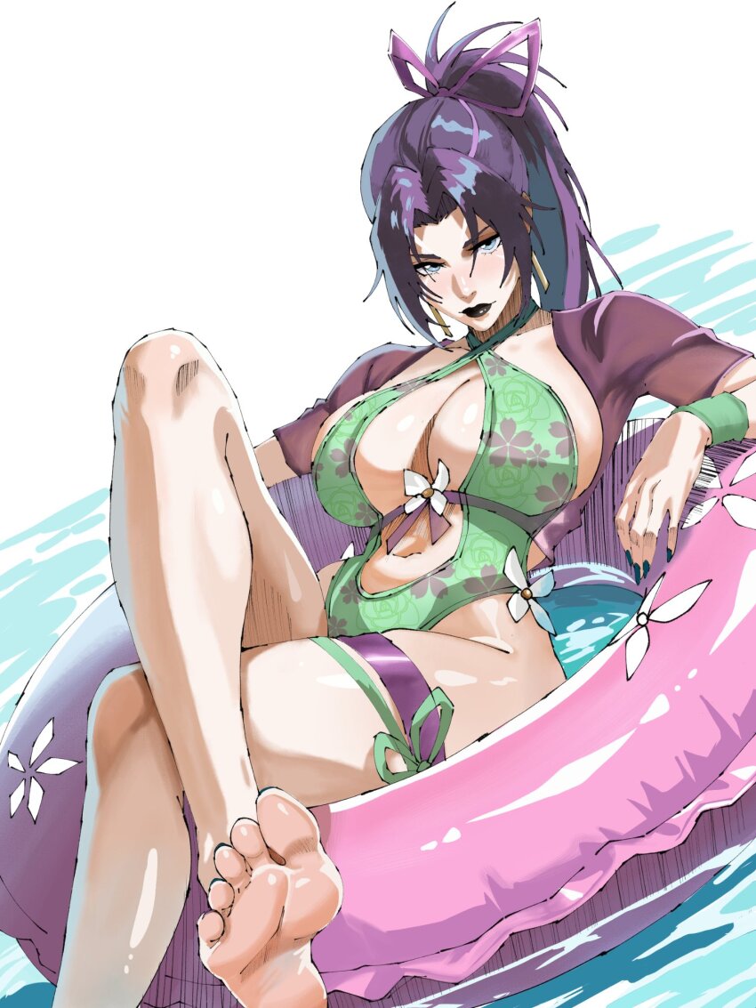 1girl, barefoot, breasts, butterfly_ornament, cleavage, curvy, feet, green_one-piece_swimsuit, hair_ribbon, highleg, highleg_one-piece_swimsuit, highres, large_breasts, long_hair, looking_at_viewer, lorna12155671, marvel, marvel_rivals, official_alternate_costume, one-piece_swimsuit, ponytail, psylocke, psylocke_(breezy_butterfly), revealing_clothes, ribbon, shiny_skin, soles, swimsuit, thong_one-piece_swimsuit, toes, water, wide_hips, x-men