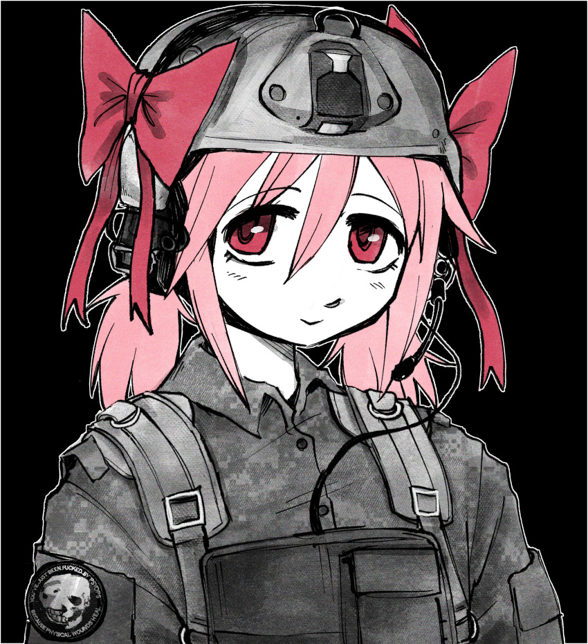 :>, black_background, border, camouflage, combat_helmet, commentary, commission, cosplay