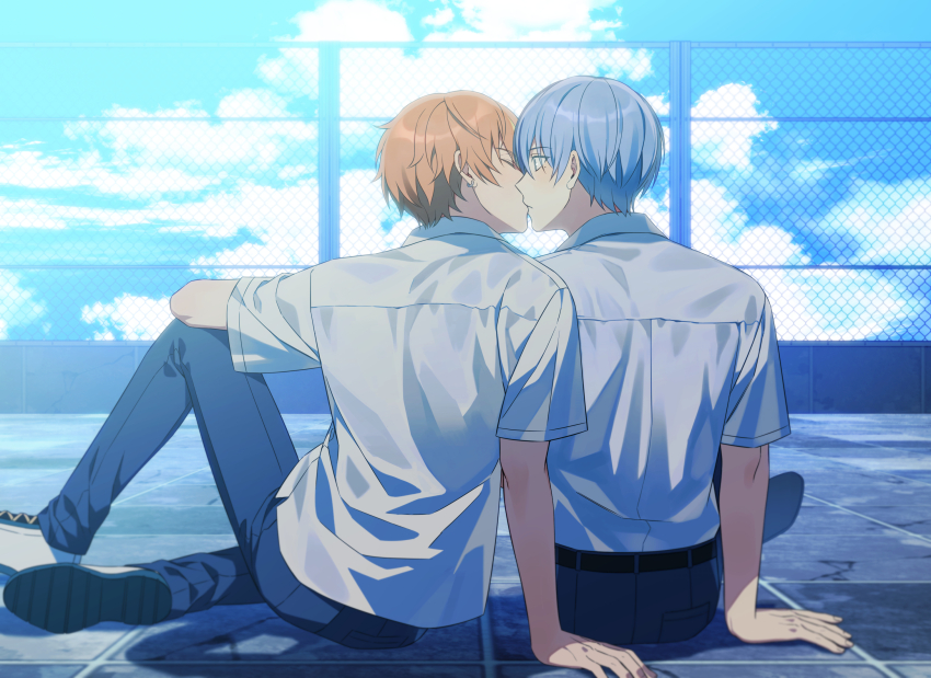2boys, aoyagi_touya, blue_hair, blue_pants, chain-link_fence, cloud, collared_shirt, commentary, earrings, fence, from_behind, grey_eyes, hashtag-only_commentary, highres, jewelry, kamiyama_high_school_uniform_(project_sekai), looking_at_another, male_focus, multiple_boys, on_roof, orange_hair, outdoors, pants, parted_bangs, piercing, project_sekai, ray_(lthenray), school_uniform, shinonome_akito, shirt, shoes, short_hair, short_sleeves, sitting, sitting_on_roof, sky, sneakers, stud_earrings, white_shirt, yaoi