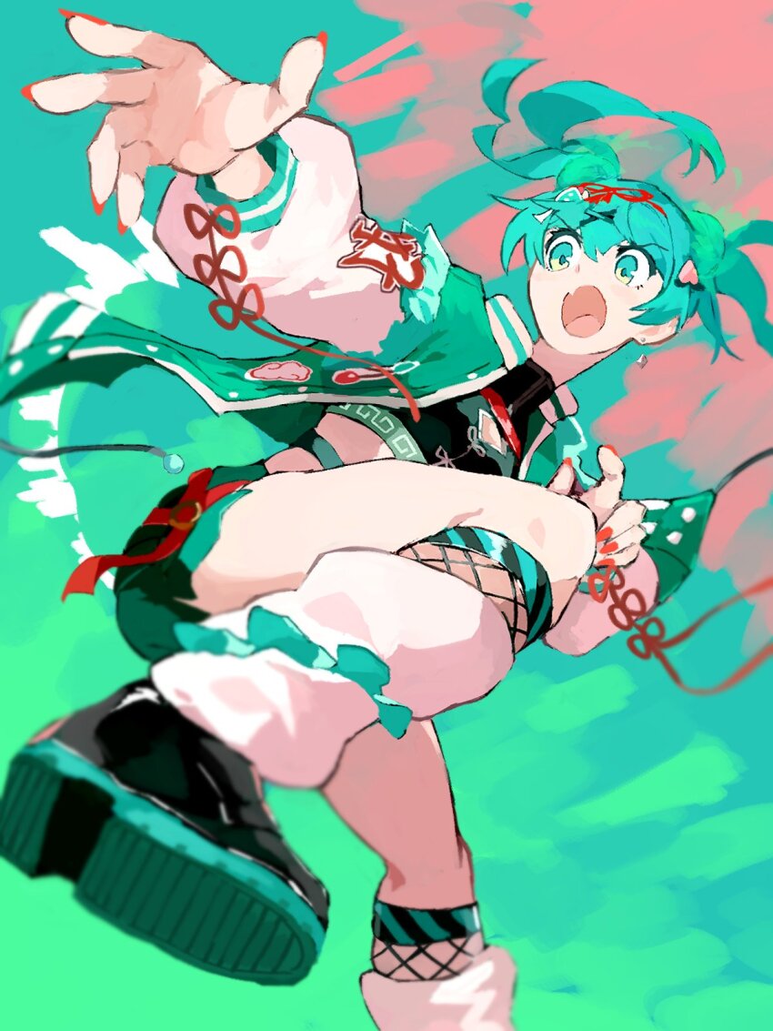 1girl, aqua_eyes, aqua_hair, blush, cleavage_cutout, clothing_cutout, commentary_request, crop_top